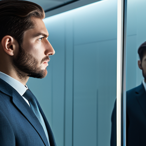 Home 11 A thoughtful professional individual, fully clothed in a modest business suit, observing a dynamic, semi-transparent digital reflection in a sleek, minimalist study. The reflection initially appears slightly distorted, then gradually clears, symbolizing insight and self-awareness regarding cognitive biases. The background features subtle, abstract data streams. Soft, professional lighting illuminates the scene, emphasizing clarity and introspection. safe for work, appropriate content, fully clothed, professional, perfect anatomy, correct proportions, natural pose, well-formed hands, proper finger count, natural body proportions, high-quality, professional photography, clean aesthetic.