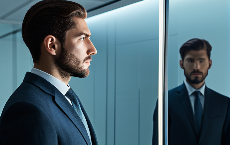 A thoughtful professional individual, fully clothed in a modest business suit, observing a dynamic, semi-transparent digital reflection in a sleek, minimalist study. The reflection initially appears slightly distorted, then gradually clears, symbolizing insight and self-awareness regarding cognitive biases. The background features subtle, abstract data streams. Soft, professional lighting illuminates the scene, emphasizing clarity and introspection. safe for work, appropriate content, fully clothed, professional, perfect anatomy, correct proportions, natural pose, well-formed hands, proper finger count, natural body proportions, high-quality, professional photography, clean aesthetic.