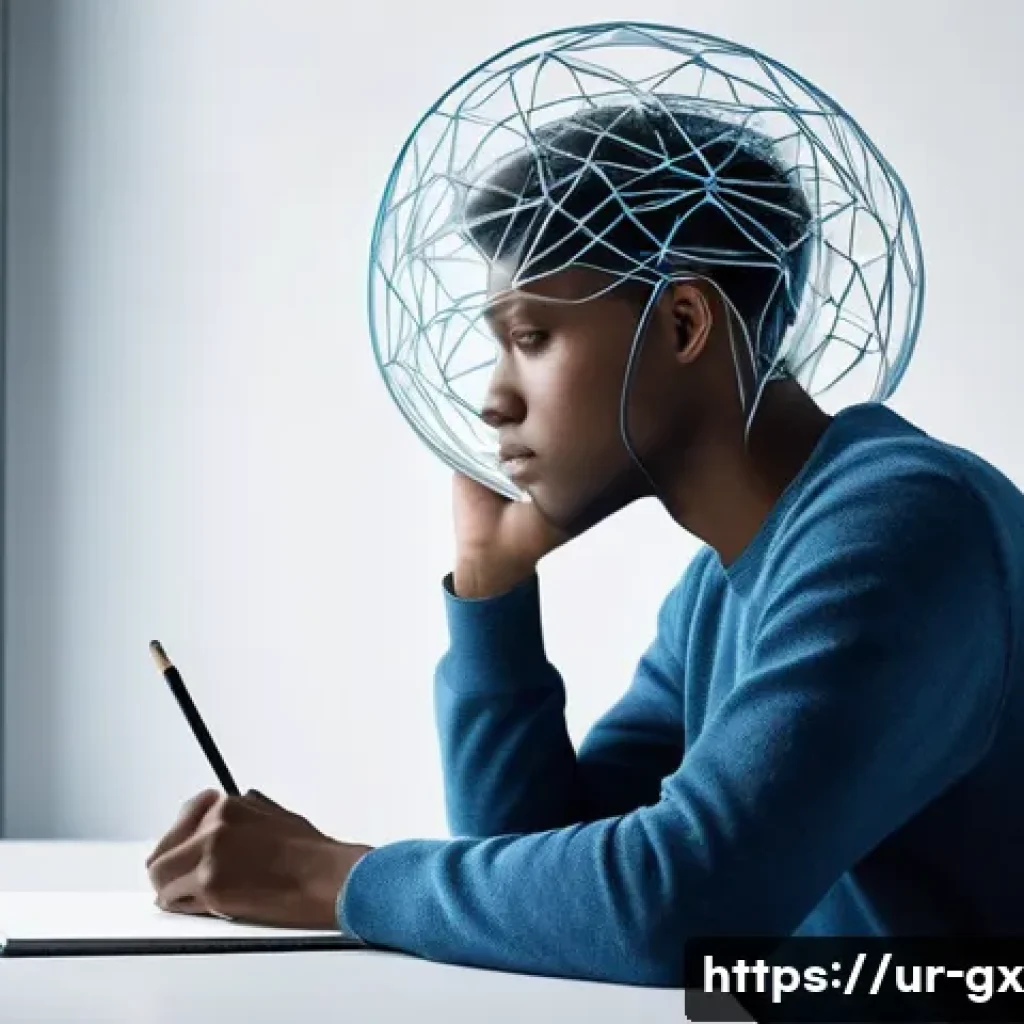 인지 편향과 창의성의 상관관계 - **Prompt:** A thoughtful young individual, gender-neutral, sits at a clean, minimalist desk, deep in...
