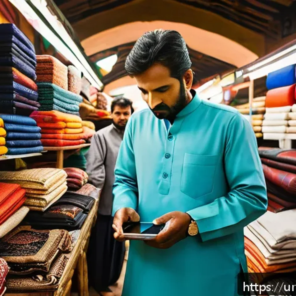 인지 편향의 실생활 적용 사례 - A detailed scene of a modern Pakistani marketplace where a middle-aged man is thoughtfully choosing ...