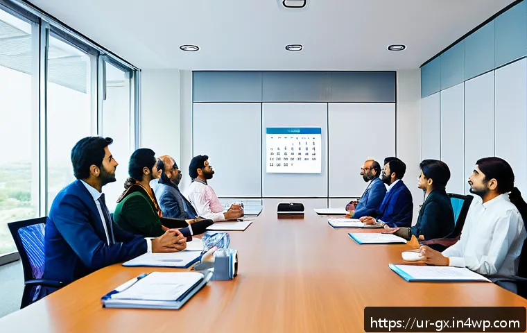 상황별 인지 편향 사례 분석 - A detailed professional office meeting scene in a modern corporate setting, showing a diverse group ...