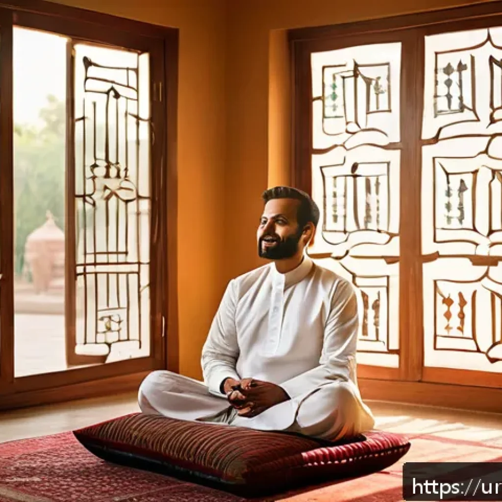 인지 편향 극복 사례 개인의 변화 - A serene, sunlit room in a traditional South Asian home with Urdu calligraphy art on the walls, depi...