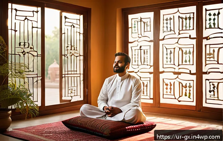 인지 편향 극복 사례 개인의 변화 - A serene, sunlit room in a traditional South Asian home with Urdu calligraphy art on the walls, depi...