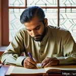 Home 22 인지 편향 인식 훈련을 위한 체크리스트 - A thoughtful South Asian man in traditional shalwar kameez, sitting in a serene home office filled w...