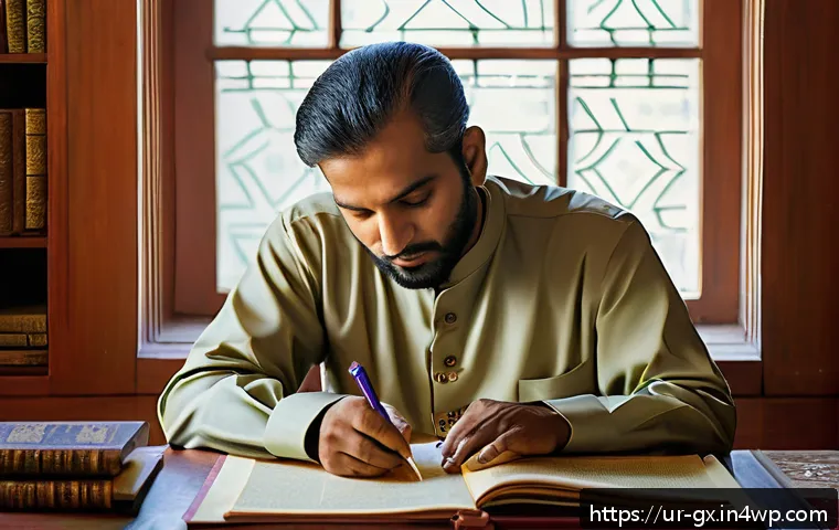 인지 편향 인식 훈련을 위한 체크리스트 - A thoughtful South Asian man in traditional shalwar kameez, sitting in a serene home office filled w...