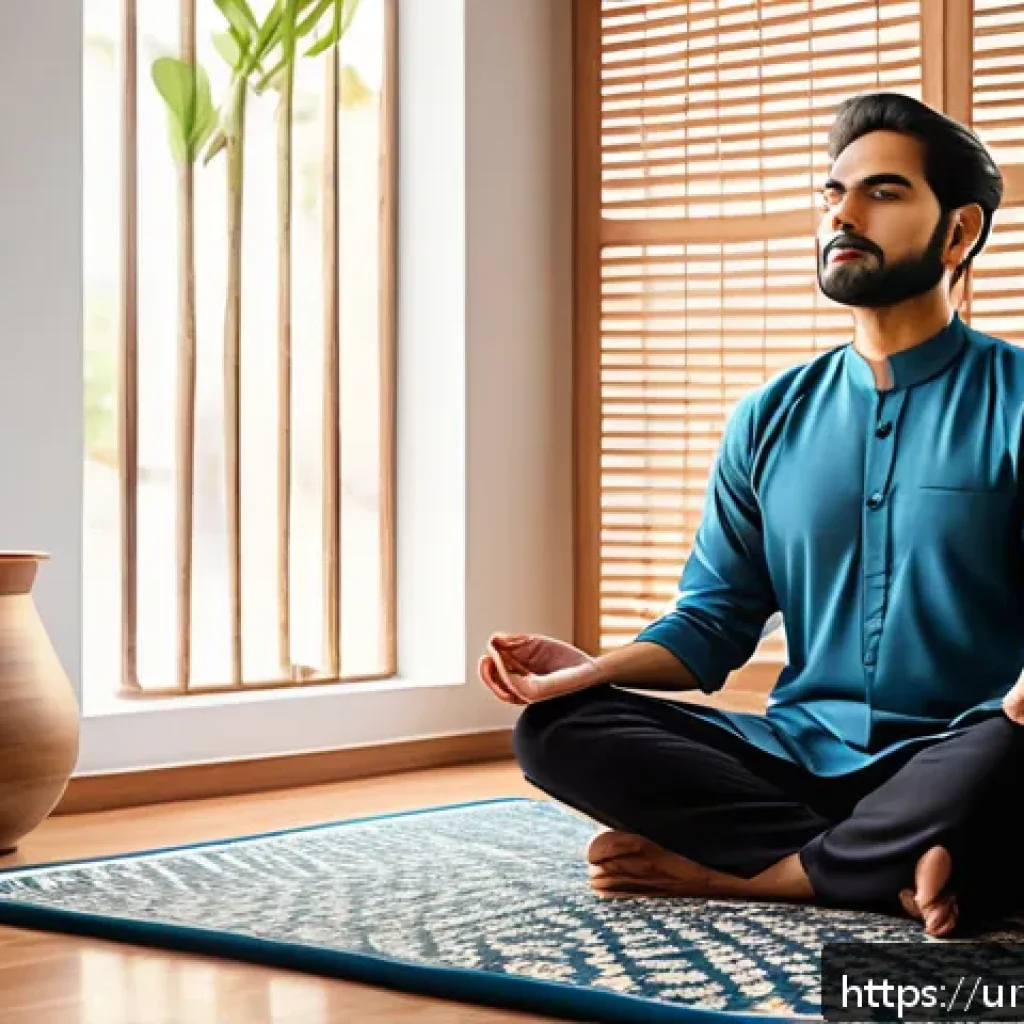 인지 편향의 신경과학적 기초 - A detailed, realistic digital illustration of a South Asian man practicing mindfulness meditation in...