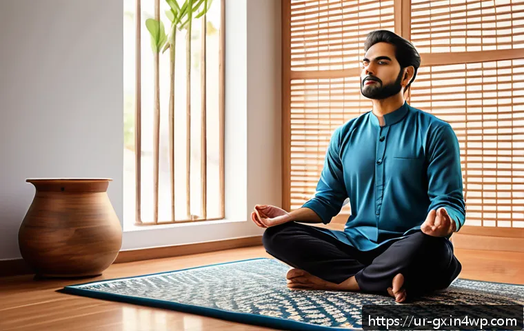 인지 편향의 신경과학적 기초 - A detailed, realistic digital illustration of a South Asian man practicing mindfulness meditation in...