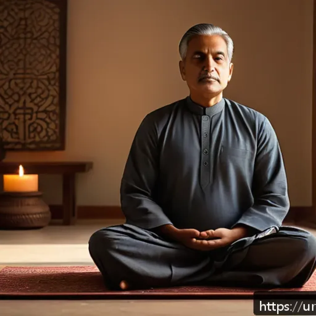 인지 편향 인식 훈련 프로그램 소개 - A serene indoor setting depicting a middle-aged South Asian man practicing meditation, seated cross-...
