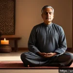 Home 23 인지 편향 인식 훈련 프로그램 소개 - A serene indoor setting depicting a middle-aged South Asian man practicing meditation, seated cross-...