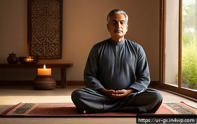 인지 편향 인식 훈련 프로그램 소개 - A serene indoor setting depicting a middle-aged South Asian man practicing meditation, seated cross-...