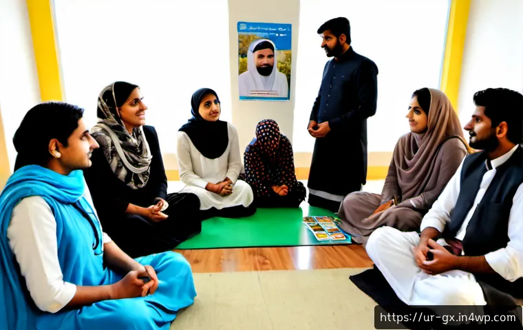 Home 17 인지 편향 인식 훈련을 위한 그룹 활동 아이디어 - Photorealistic community workshop in a bright Pakistani library meeting room, diverse Urdu-speaking ...