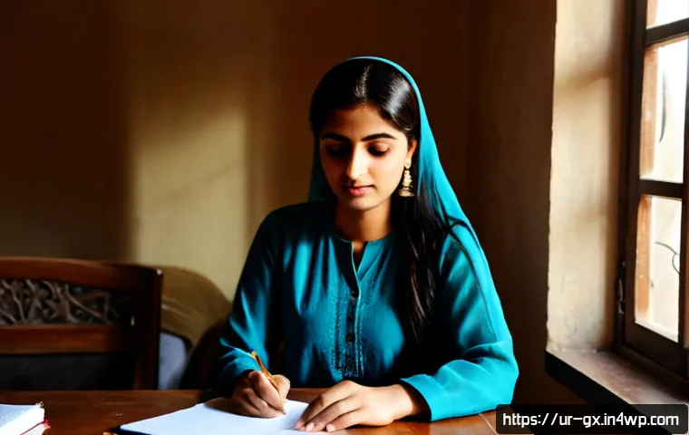 인지 편향과 개인적 경험의 관계 - Photorealistic editorial scene of a Pakistani woman in modest shalwar kameez seated at a sunlit home...